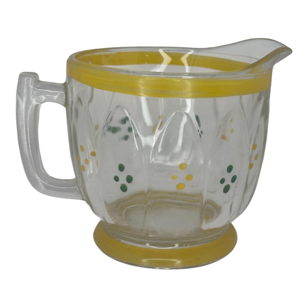 Vintage Hand Painted Glass Creamer Pitcher Yellow Green Dots Paneled Clear Glass - Picture 2 of 6